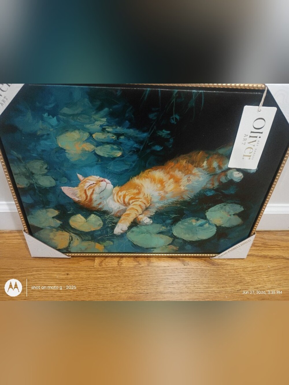 Oliver Orange Tabby Cat Canvas Art with Teal Lily Pads